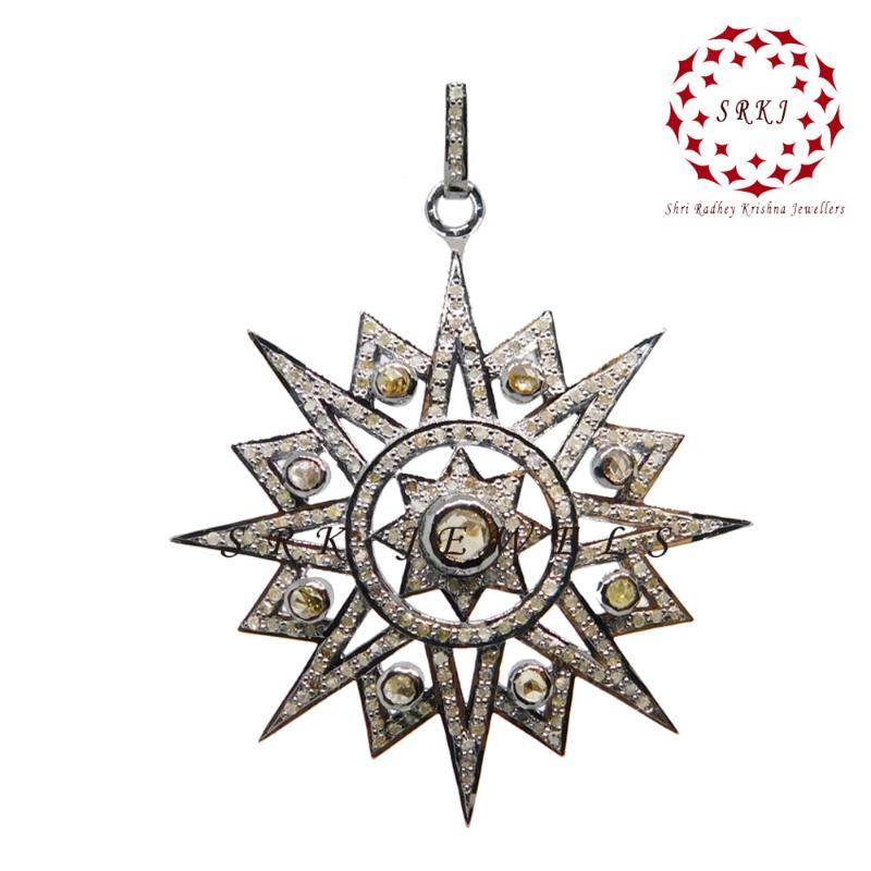 Sunburst pendant With Shiny Pave Diamond, Most Unique sunburst Necklace, Silver Jewelry