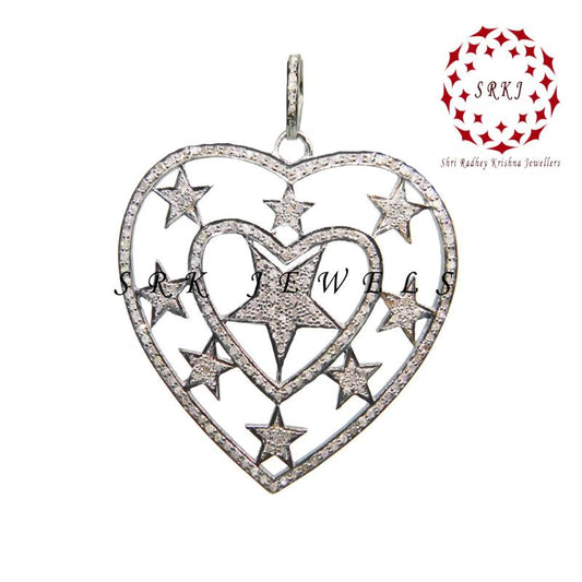 Stylish Heart Pendent With Stars And Pave Diamond Layers, Valentine Gift, Gift For Lovers