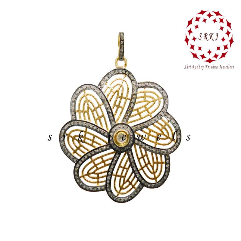 Shiny Yellow And Black Pave Diamond Handmade Designer Flower Pendant, Amazing Flower Design Necklace, Gift For Mom