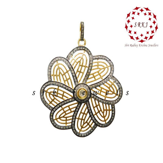 Shiny Yellow And Black Pave Diamond Handmade Designer Flower Pendant, Amazing Flower Design Necklace, Gift For Mom