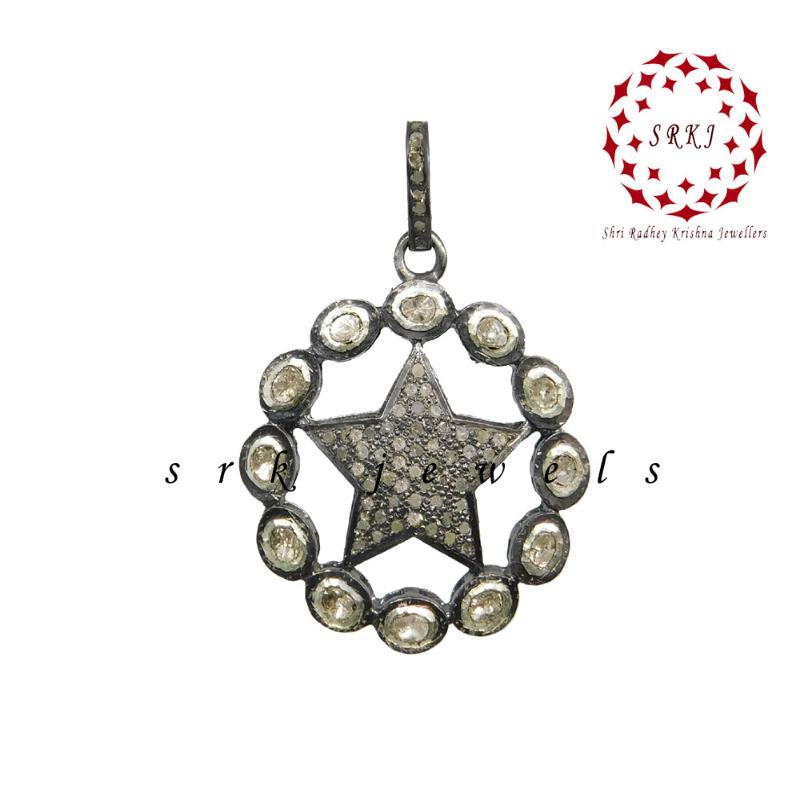 Natural Pave Diamond And Polki Stone Round With Star Pendant, attractive Design, Wedding Gift