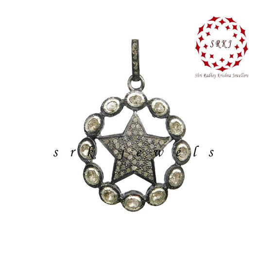 Natural Pave Diamond And Polki Stone Round With Star Pendant, attractive Design, Wedding Gift