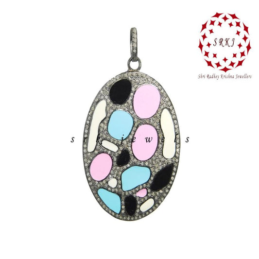 Oval Pendant With Multi Enamel And Pave Diamond Layers, Unique Oval Shape, Gift For Favorite one