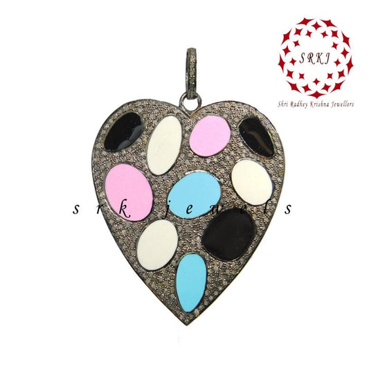 Glorious Multi Color Enamel Heart Pendant With Pave Layers, Valentine Giftt, Silver Jewelry