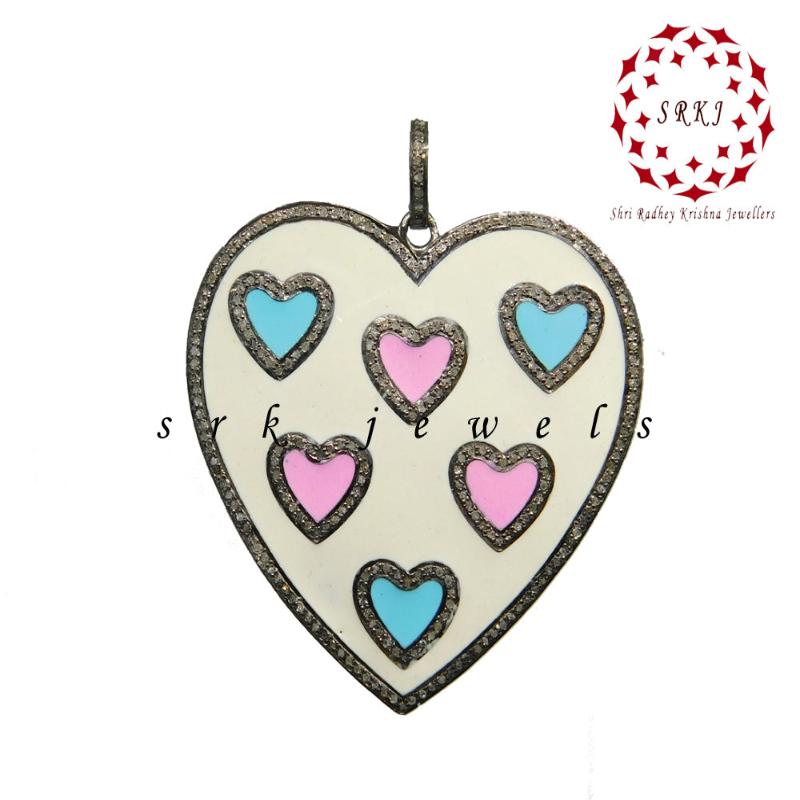 Beautifully Designed Cream, Turquoise And Pink Enamel Heart Pendant, Gift For girlfriend