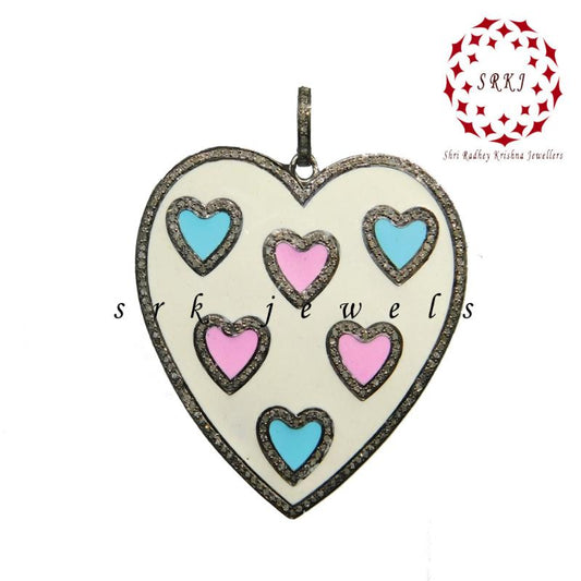 Beautifully Designed Cream, Turquoise And Pink Enamel Heart Pendant, Gift For girlfriend