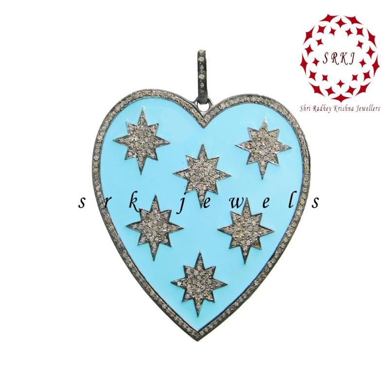 Turquoise Enamel 925 Sterling Silver Handmade Heart Star Pendant, Valentine Gift