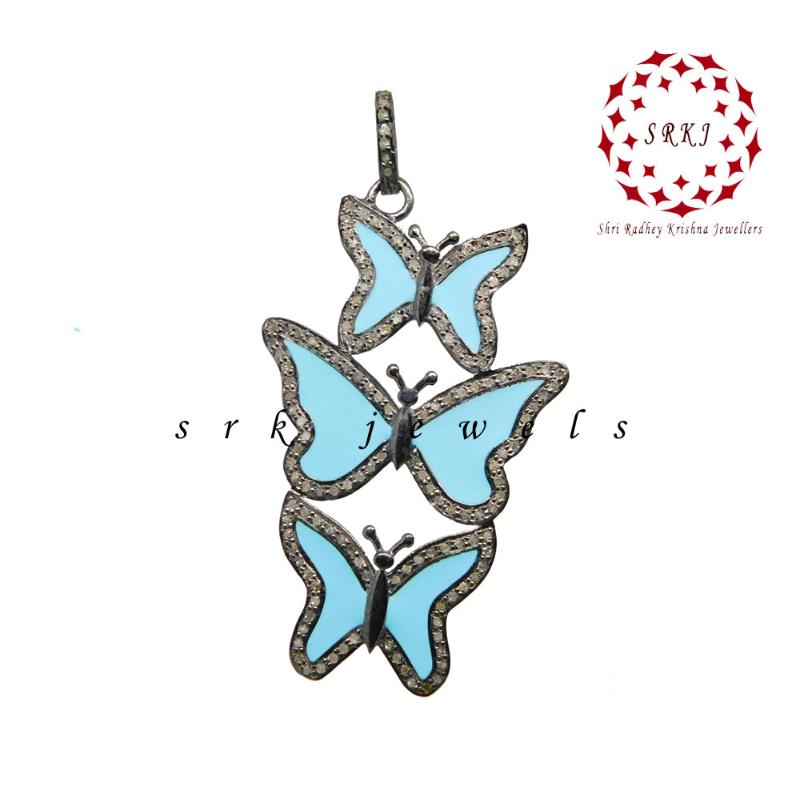 Turquoise Enamel Handmade Designer 3 Layers Butterfly Pendant, Stunning Butterfly Necklace