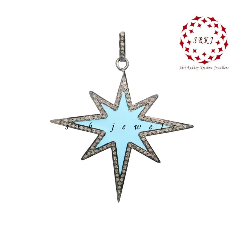 925 Sterling Silver Natural Pave Diamond With Star Pendant, Wedding Gift, Silver Jewelry