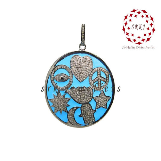 Turquoise Enamel 925 Sterling Silver Handmade Fancy Style Pendant, Wedding Jewelry, Round Enamel Pendant