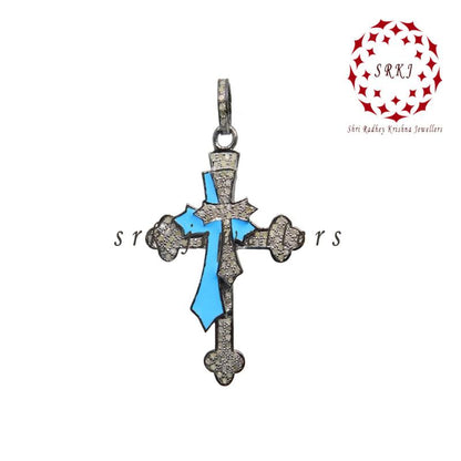 Double Layered Cross Pendant With Turquoise Enamel And Pave Diamond, Christmas Gift