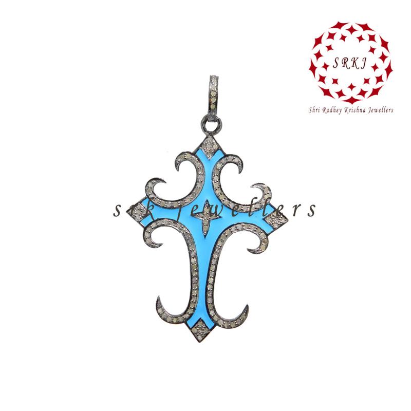 Sterling Silver Turquoise Enamel Cross Designer pendant, Christen Symbol Cross Pendant, Christmas Gift