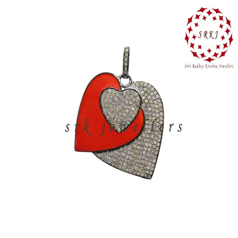 3 Layers Of Heart Red Enamel Pave Diamond pendant, Gift For Lovers, Valentine Gift