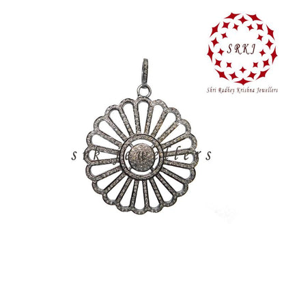 Graceful Pave Diamond Handmade Style Flower pendant, Wedding Gift, Silver Jewelry