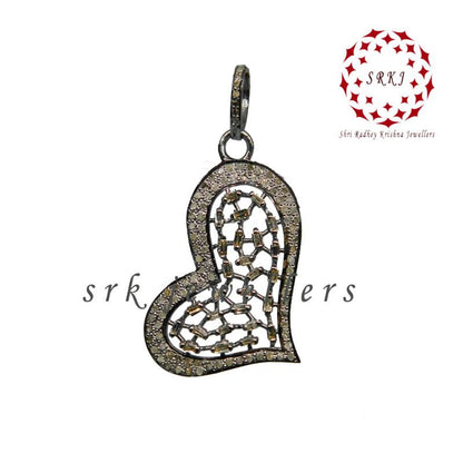 Pave Diamond And Baguette Designer Heart Pendant, Wedding Gift, Silver Jewelry