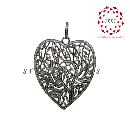 Baguette & Pave Diamond Designer Heart Pendant, Attractive Big Heart Pendant, 925 Sterling Silver Pendant