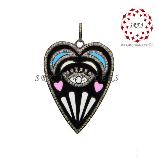 Handmade Designer Heart Pendant With Multi Color Enamel, Heart With Small Evil Eye Enamel Necklace, Anniversary Gift