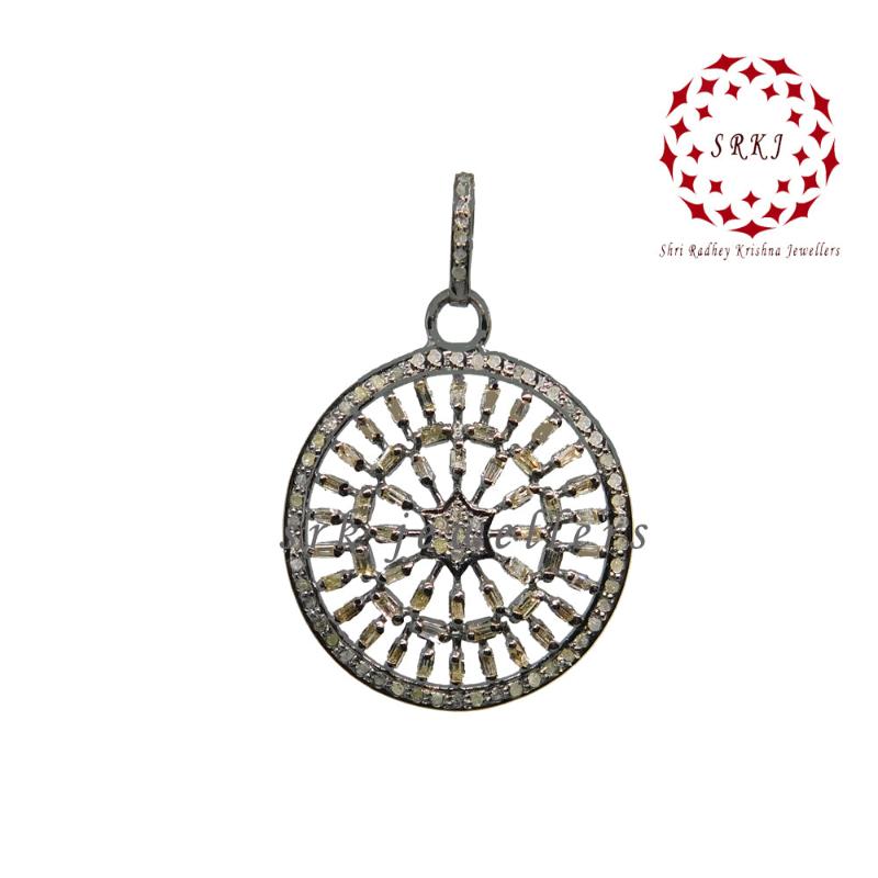 Handmade Designer Round Pendant With Pave Diamonds And Baguette Stone, Anniversary Gift