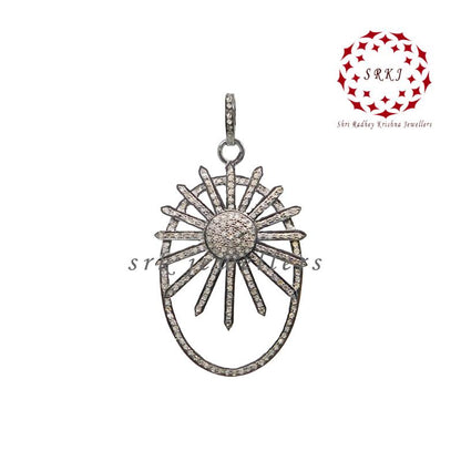 Oval shaped Sunburst style Pave diamond pendant, Unique Sunburst Necklace, Gift For Sister