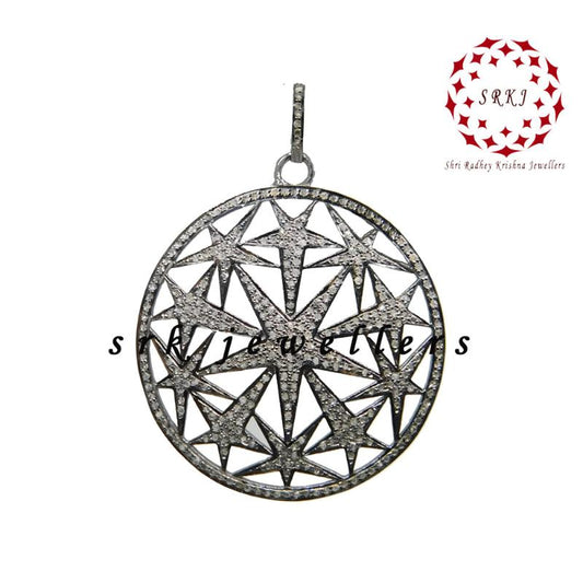 Round Designer Natural Pave Diamond Star Pendant, Stunning Round Design Shape Necklace