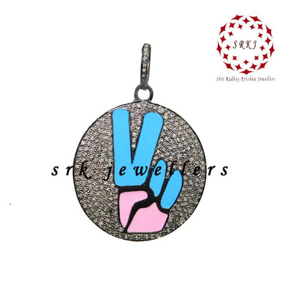 Round Disk Sterling Silver Fancy Designer Enamel Pendant, Blue, Pink Round Shape Necklace, Birthday Gift