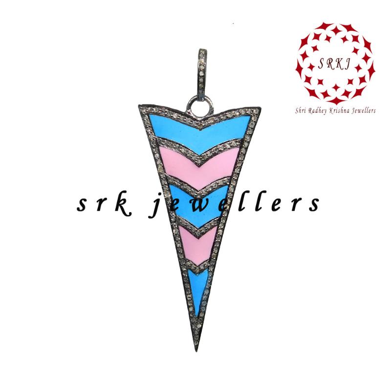 Graceful Arrow Head Designer Pendant With Turquoise And Pink Enamel, Unique Enamel Arrow Pendant Anniversary Gift