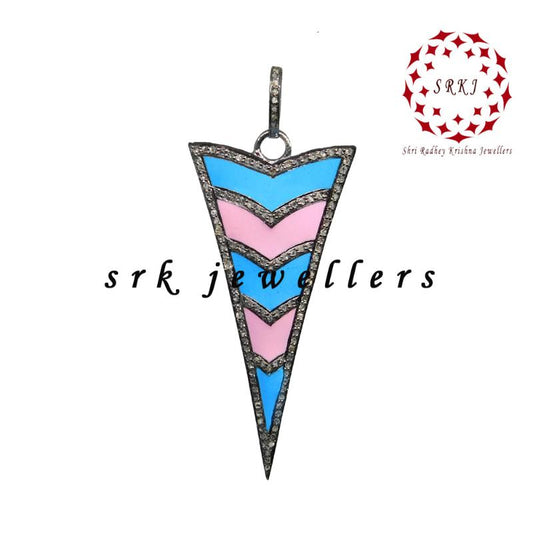 Graceful Arrow Head Designer Pendant With Turquoise And Pink Enamel, Unique Enamel Arrow Pendant Anniversary Gift