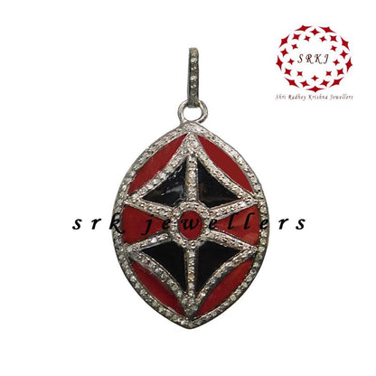 Black And Red Enamel Fancy Designer Pave Diamond Pendant, Attractive Design Shape Pendant, occasion Day Gift