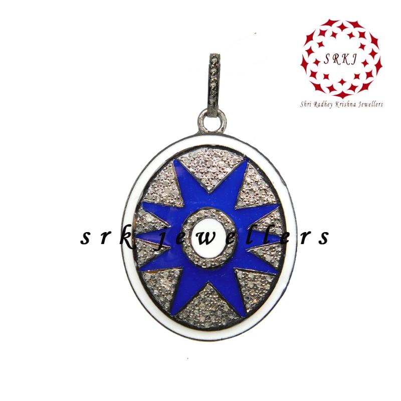 Blue And White Enamel Pave Diamond Sunburst Pendant, Oval Shape Enamel design, Mothers Day Gift