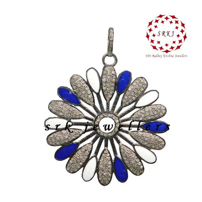 Gorgeous Flower Pendant With Blue And White Enamel, Personalized Gift for love, Valentine Day Gift