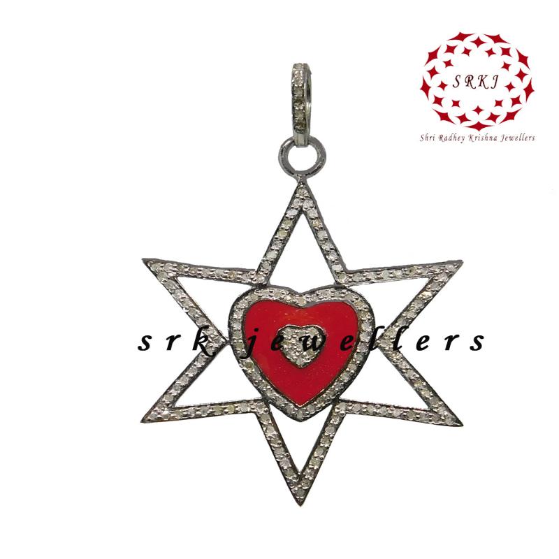 Star With Red Heart Enamel pave Diamond Pendant, Handmade Jewelry, Gift For Someone