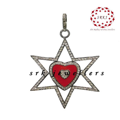 Star With Red Heart Enamel pave Diamond Pendant, Handmade Jewelry, Gift For Someone