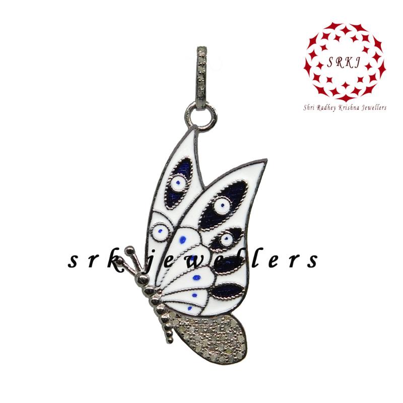 Stunning Pave Diamond Butterfly Enamel Pendant, Unique Designer Handmade Necklace, Gift For Girlfriend