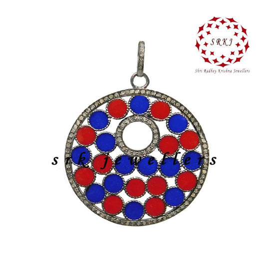 Round Fancy Pendant With Red And Blue Enamel, Attractive Design Necklace, Mother's Day Gift, Gift For Mom