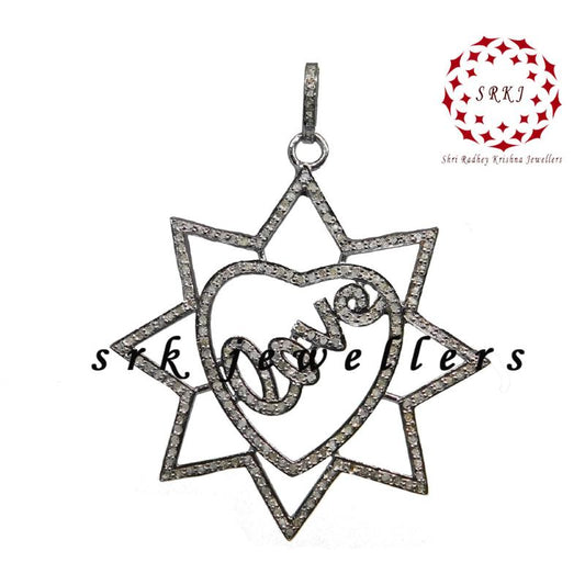 Handmade Love Designer Heart Star Pendant With Pave Diamond Layers, Silver Jewelry