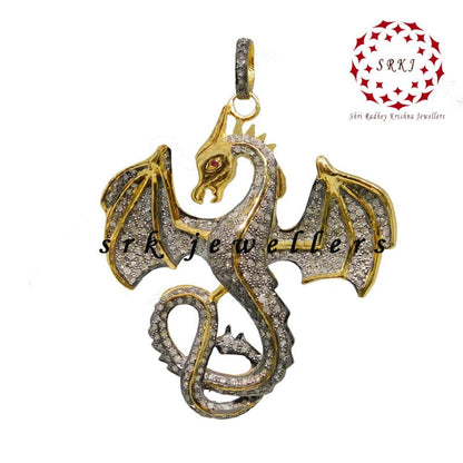 Handmade Designer Yellow Big Dragon Pendent With Pave Diamond And 925 Sterling Silver, Gift For Someone, Silver Jewelry