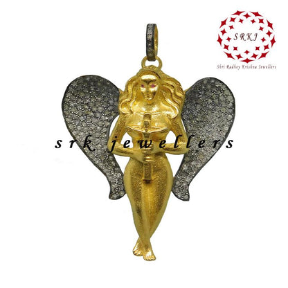 Yellow Polish Designer Pave Diamond Mother God Angle Style Pendant, Unique Gift, Gift For Someone,