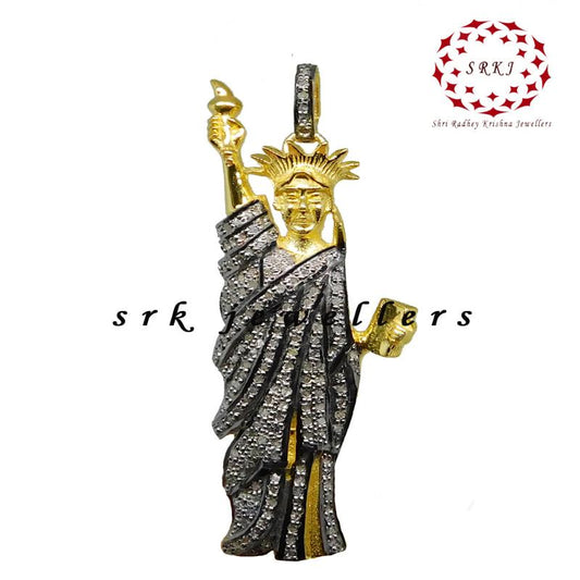 Yellow And Black Statue of Liberty Pendant With Pave Diamond Layers, Silver Jewelry, Gift For Mom