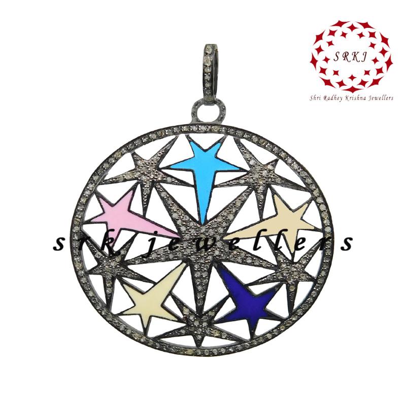 Colorful Enamel Stars In A Round Shape Pave Diamond Designer Beautiful Pendant, Gift For Sister, Birthday Gift