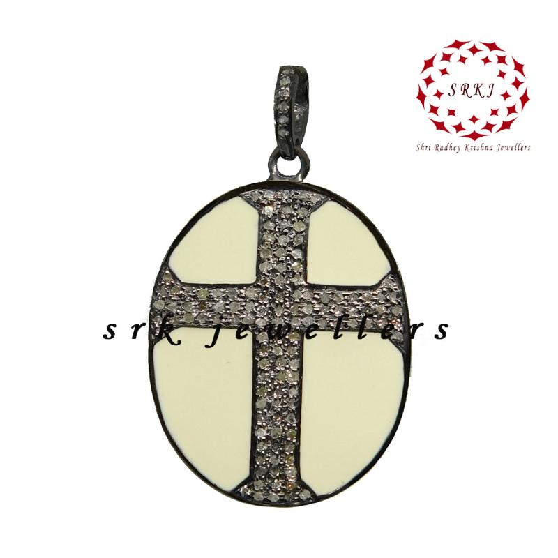 Oval Shaped Pave Diamond Cross Style Pendant With Cream Enamel, Oval Cross Stylish Necklace, Wedding Gift, Christmas Gift