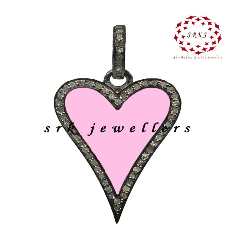 Stunning Small Heart Enamel Pendant With Pave Diamond, valentine's Day Gift, Gift For Lovers