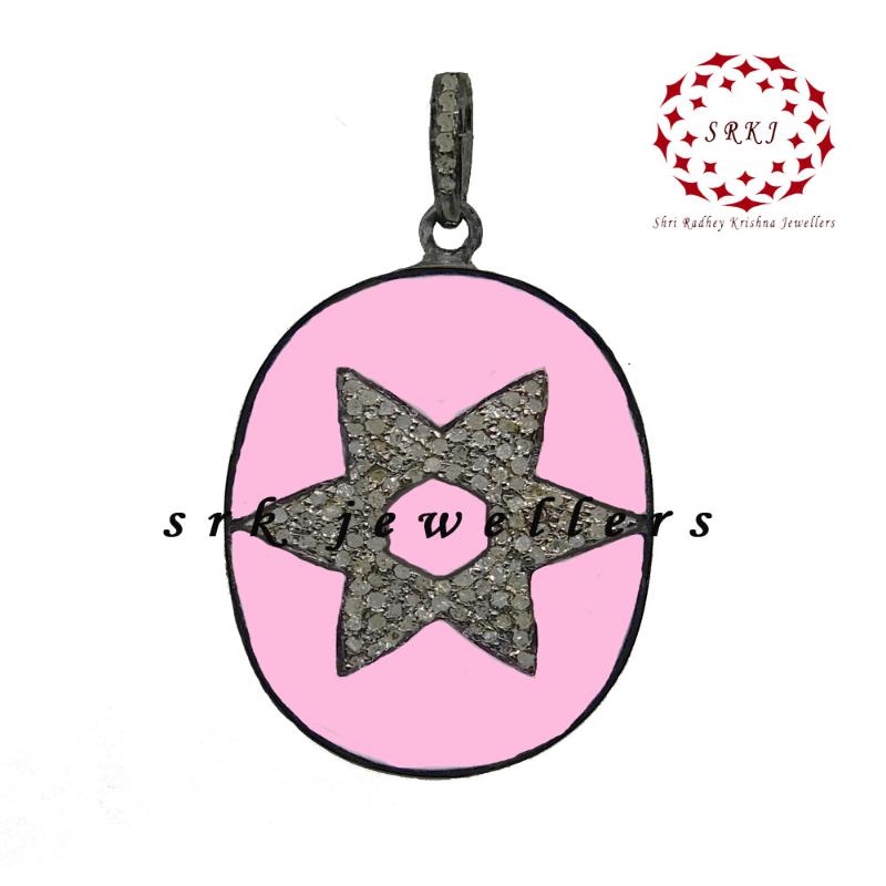 Pink Enamel Star Designer Oval Tag Pendant, Any Occasion Gift, Lovers Gift, Silver Jewelry