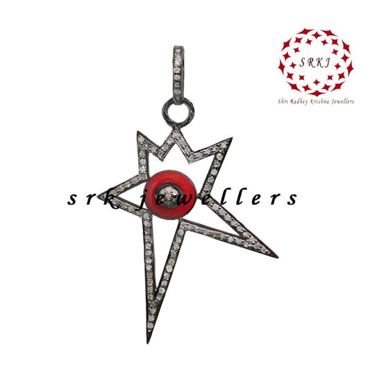 Red Enamel Starburst Pave Diamond 925 Sterling Silver Designer Pendant, Unique Star Shape, Wedding Gift