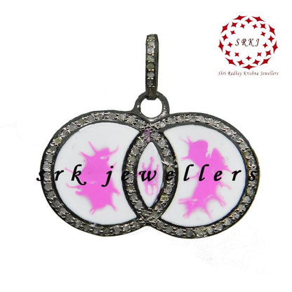 Pink Splash On White Enamel Round Fancy Style Pendant, Wedding Gift, Gift For Wife