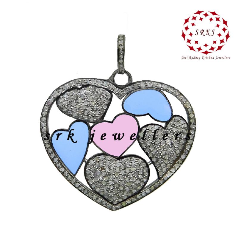 Beautifully Designed Pave Diamond Heart Pendant With Turquoise and Pink Enamel, Wedding Gift