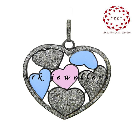 Beautifully Designed Pave Diamond Heart Pendant With Turquoise and Pink Enamel, Wedding Gift