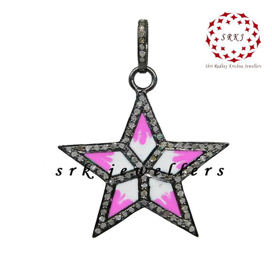 Sterling Silver Handmade Pave Diamond Star Enamel Pendant, Stunning Star shape