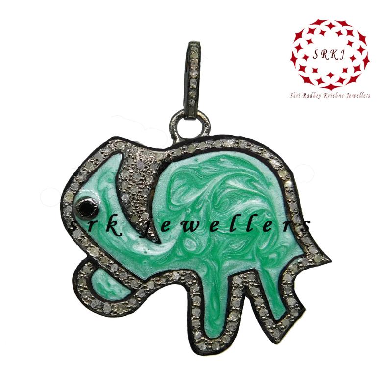 Elephant Pendant With Green and White Enamel And Pave Layers, Unique Elephant Necklace, Birthday Gift