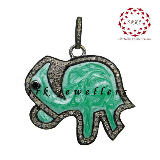 Elephant Pendant With Green and White Enamel And Pave Layers, Unique Elephant Necklace, Birthday Gift