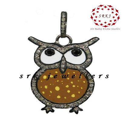 Brown Enamel Yellow Spotted Stylish Design Pave Diamond Handmade Owl Pendant, Silver Jewelry